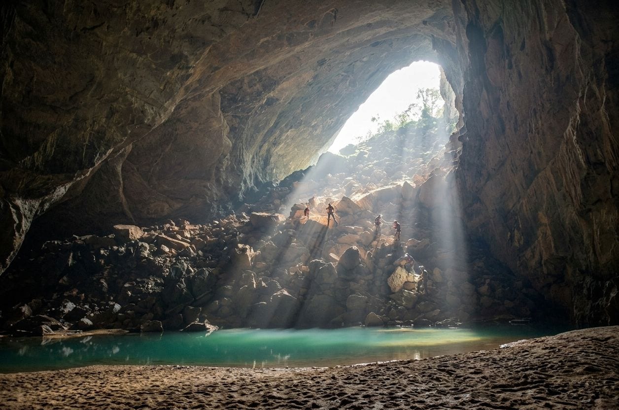 Sunbeams falling through a collapsed roof opening into a vast cave chamber, lighting a boulder field and turquoise pool
