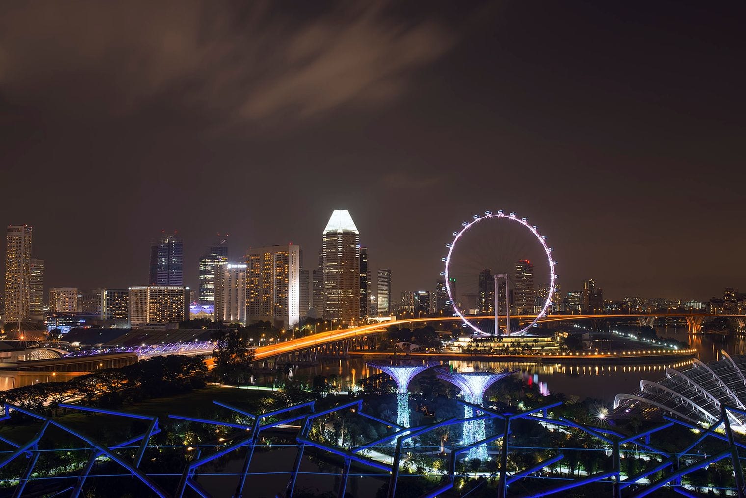 The Singapore Flyer lit up after dark above Marina Bay, with the illuminated supertrees of Gardens by the Bay in the foreground and the city skyline beyond.