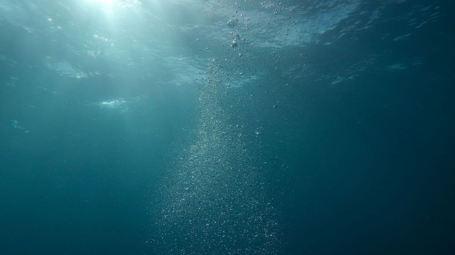 A freediver descends a weighted guideline into deep blue open water, the hull of the support boat silhouetted against the surface above.