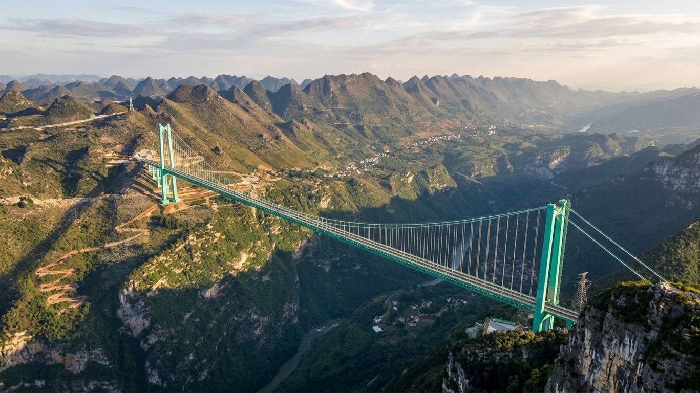 Aerial view of a green suspension bridge spanning a deep karst gorge, with a river winding far below between forested limestone peaks