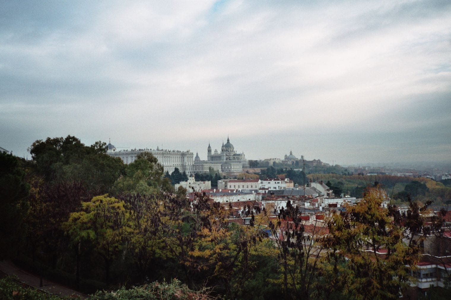 The Royal Palace and the domes and towers of Almudena Cathedral rising over the Madrid skyline above autumn trees
