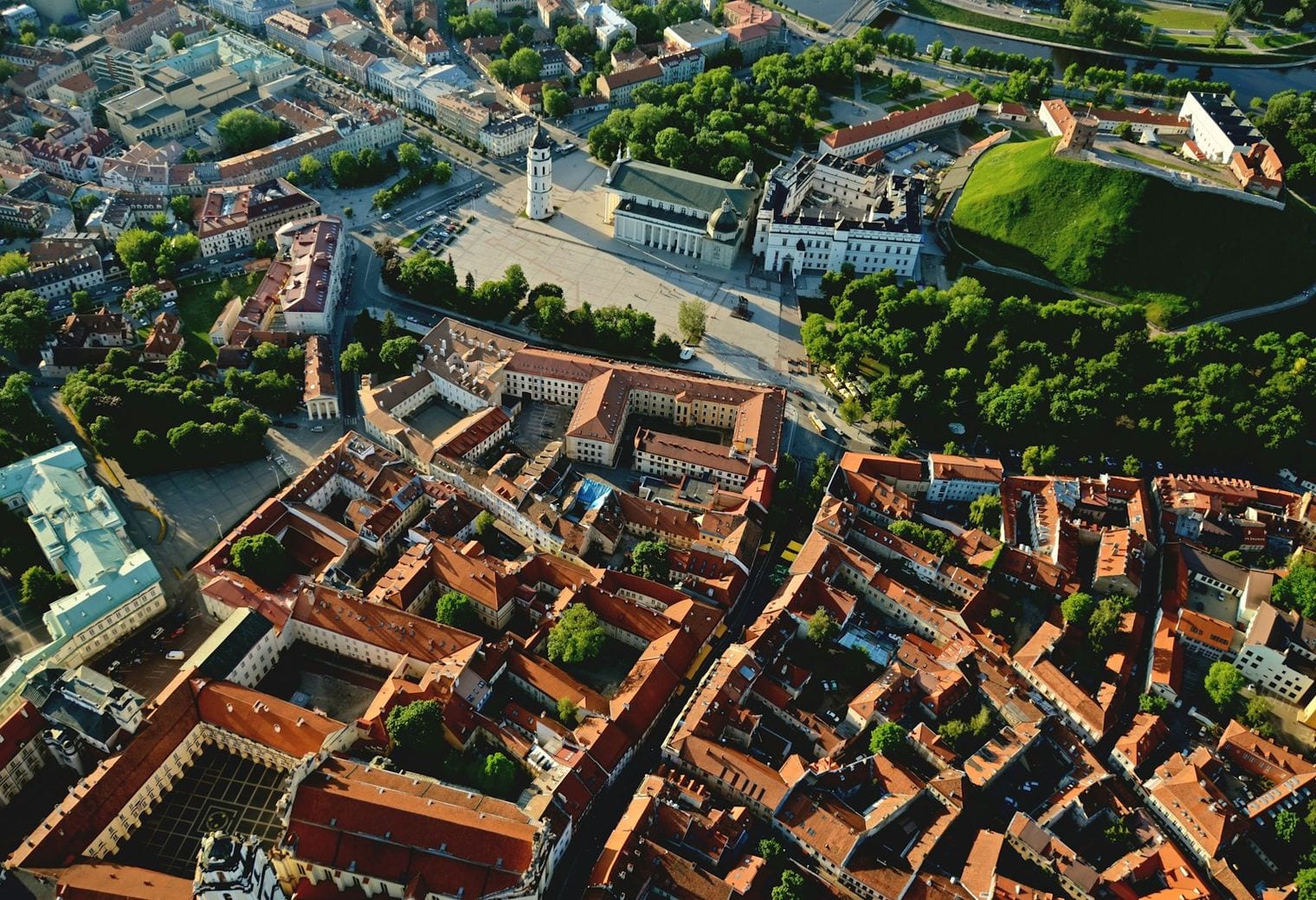 Vilnius Old Town rooftops and Cathedral Square seen at dusk