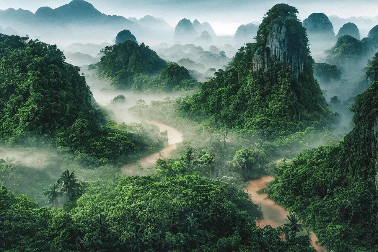 Mist drifting between forested limestone peaks above a muddy river winding through dense tropical rainforest