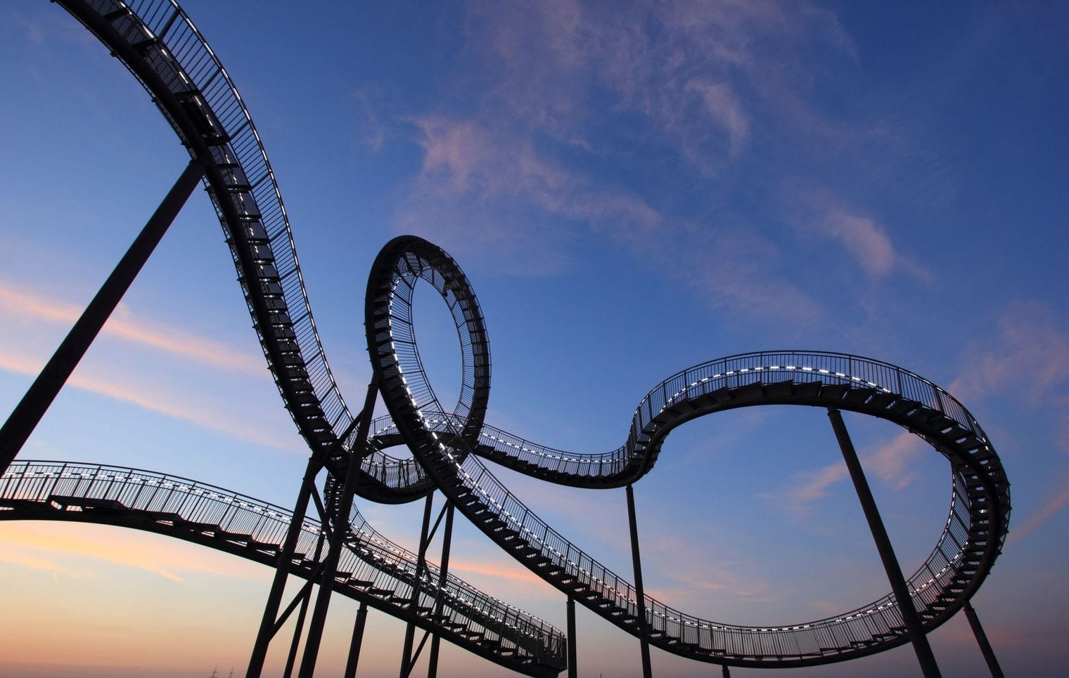 A looping roller-coaster track silhouetted against a pink and blue dusk sky