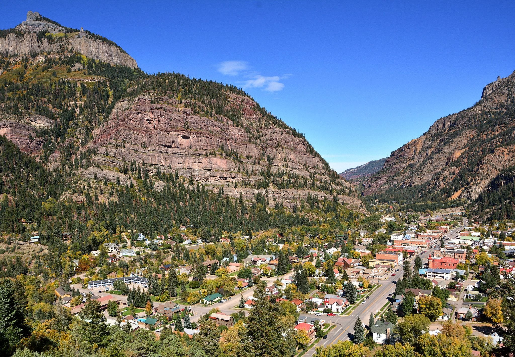 Ouray, Colorado, a mountain town set in a red-walled box canyon in the San Juan Mountains