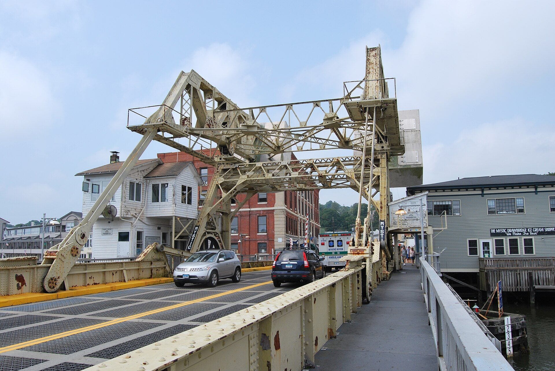 The Mystic River Bascule Bridge and waterfront buildings in Mystic, Connecticut