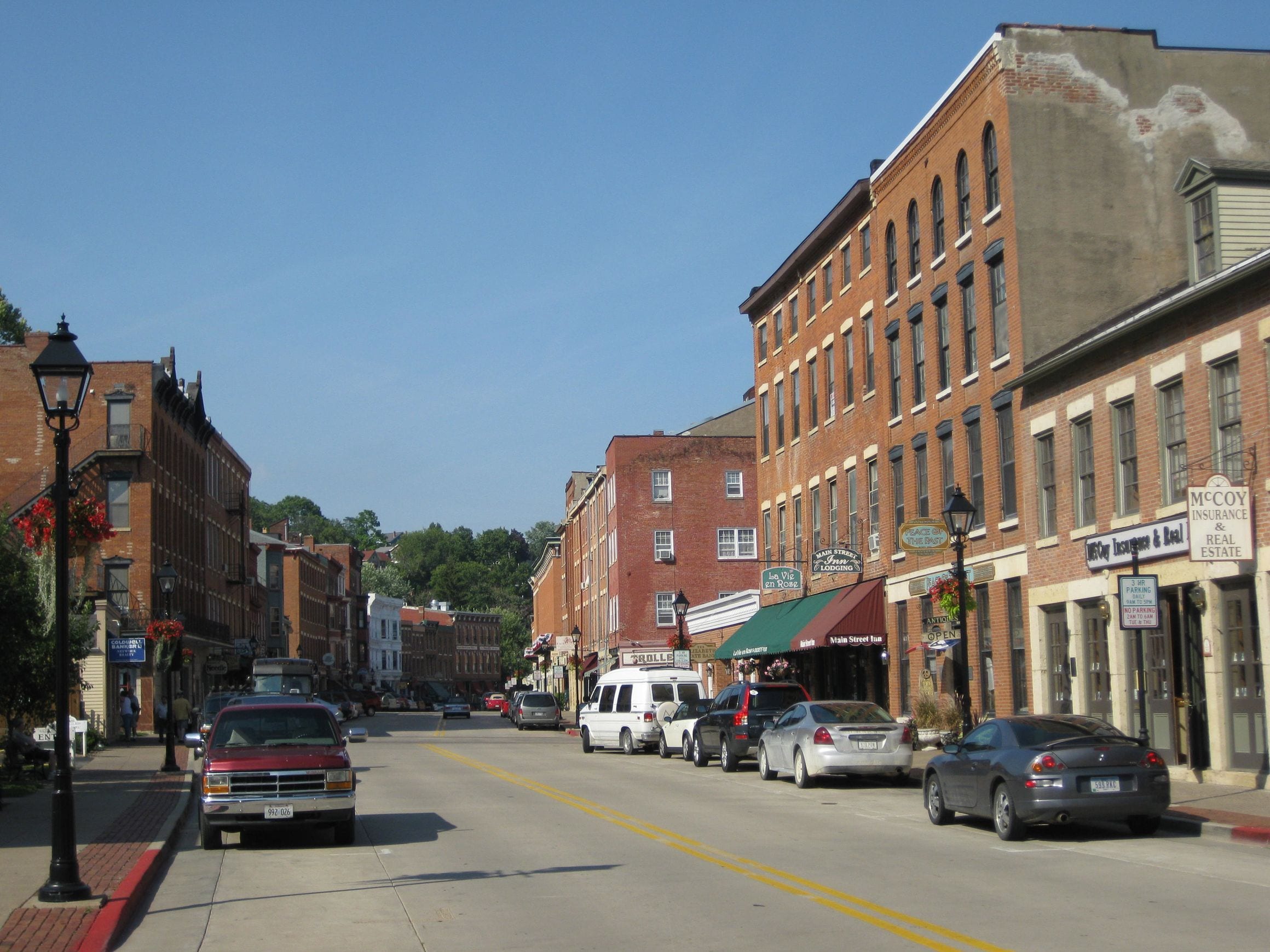 Historic brick storefronts along a small-town main street in Galena, Illinois