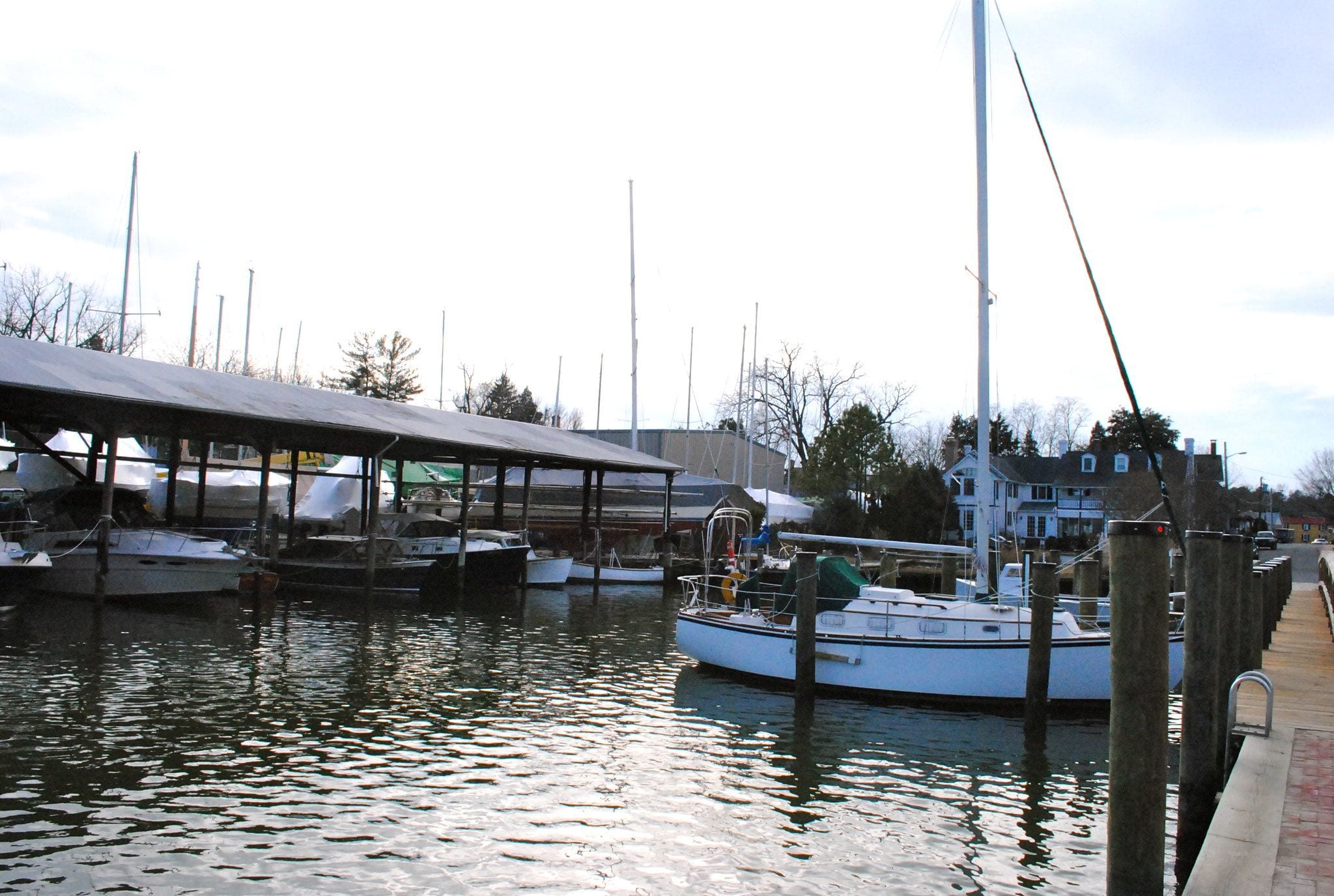 Sailboats moored at a covered marina on the Chesapeake waterfront at St. Michaels, Maryland