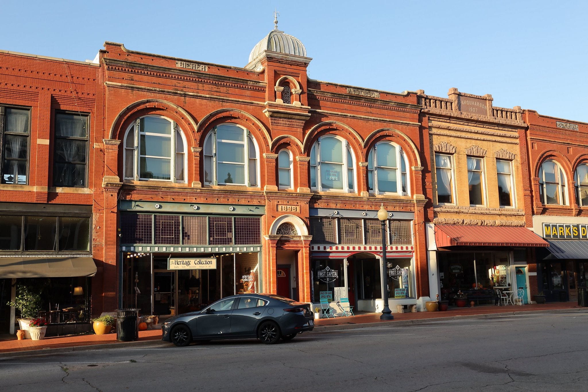 Red-brick Victorian storefronts along the historic downtown of Guthrie, Oklahoma, the state's first capital