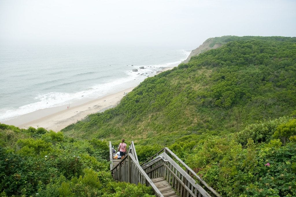 Wooden stairway down to the beach below the Mohegan Bluffs on Block Island, Rhode Island