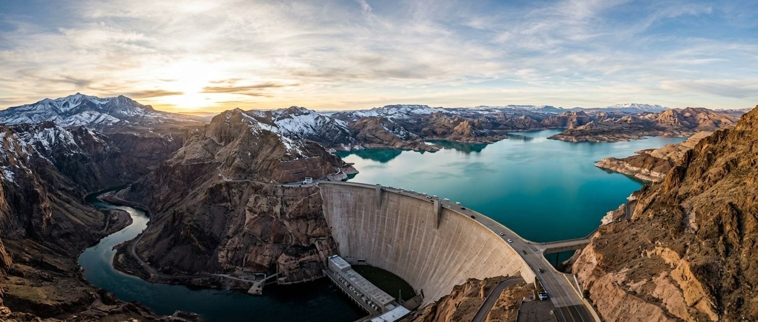 An aerial view at sunset of a huge concrete dam holding back a turquoise mountain reservoir, with a river winding through the gorge below and snow-dusted peaks beyond