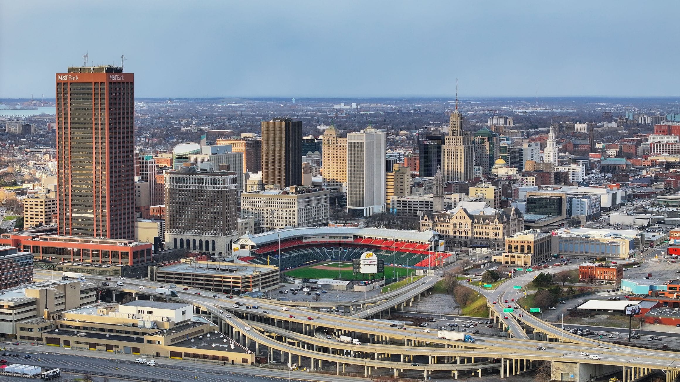 Aerial view of the downtown Buffalo, New York skyline, with the Seneca One tower and Sahlen Field