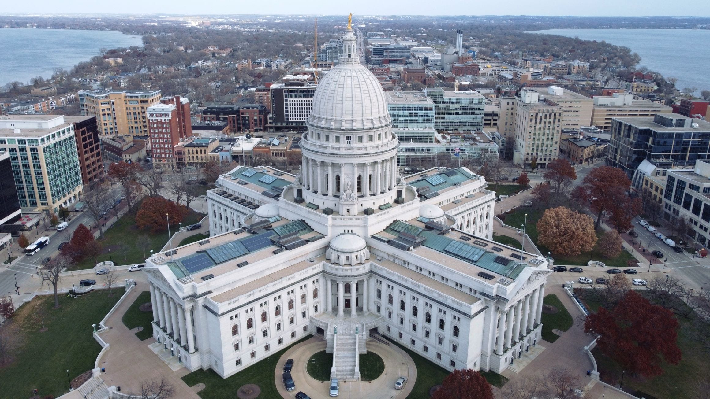 Aerial view of the Wisconsin State Capitol and downtown Madison on the isthmus between Lake Mendota and Lake Monona, Wisconsin