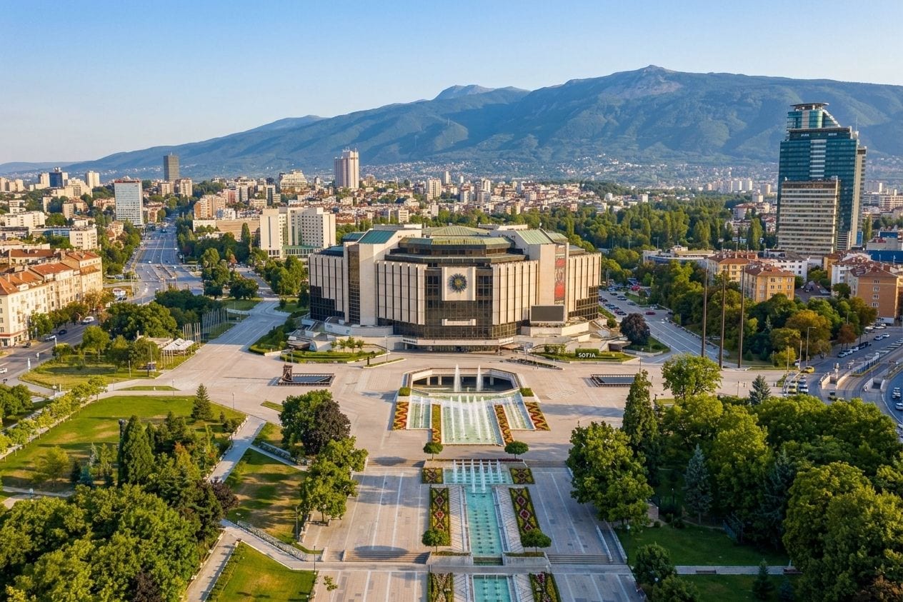 Aerial view across Sofia's rooftops and a long tree-lined boulevard, with the snow-capped ridge of Vitosha mountain filling the horizon behind the city