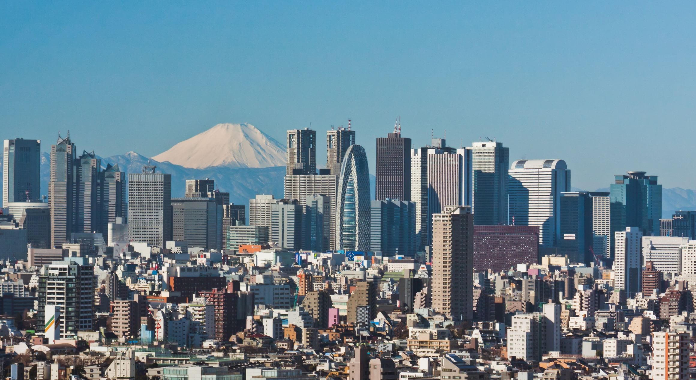 Tokyo skyline seen from above, with Shinjuku towers in the foreground and Tokyo Tower rising in the distance