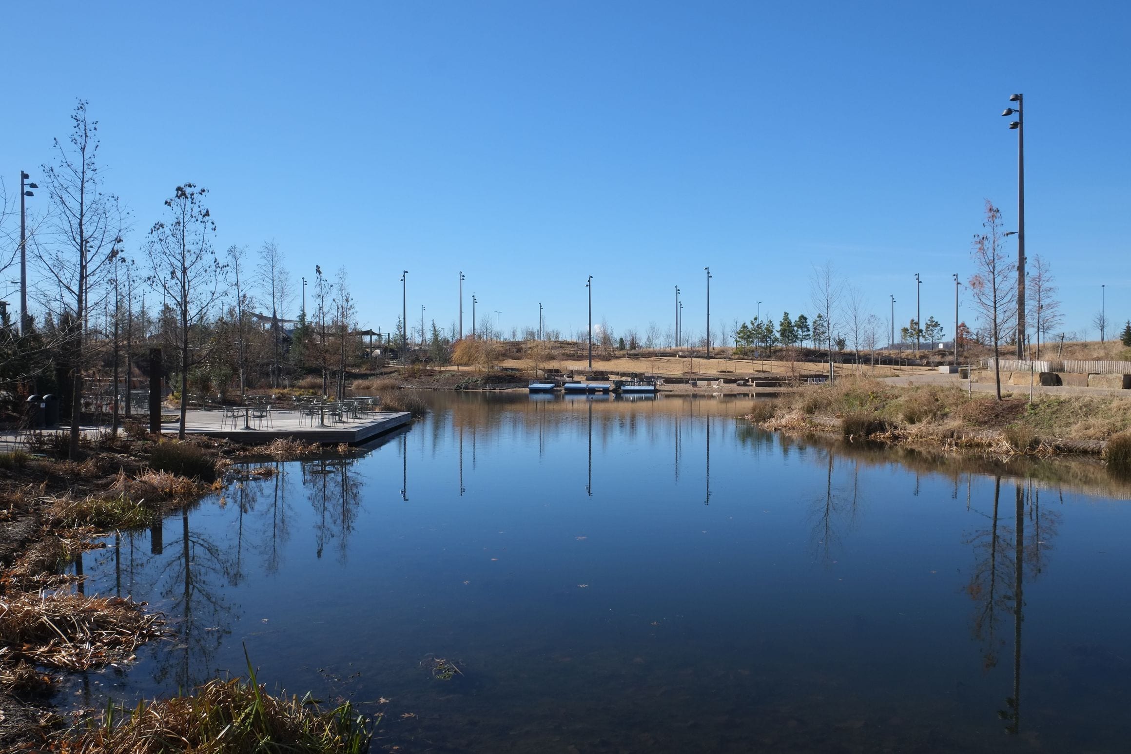 Peggy's Pond at Gathering Place, the riverside park in Tulsa, Oklahoma, on a clear winter day